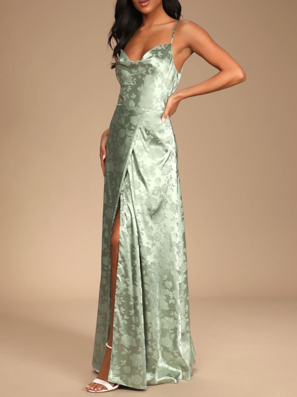 Lulus | Simply Dreamy Sage Green Satin Floral Jacquard Maxi Dress